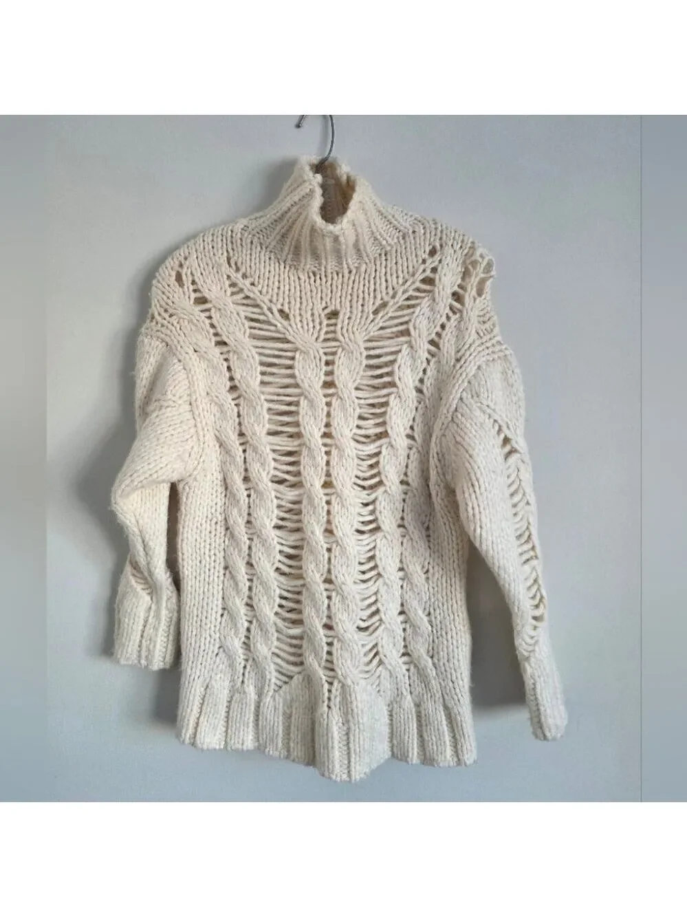 ZARA | Blogger Favorite Thick Cable Openwork Knit Turtleneck Sweater cream Sz S - Picture 3 of 6